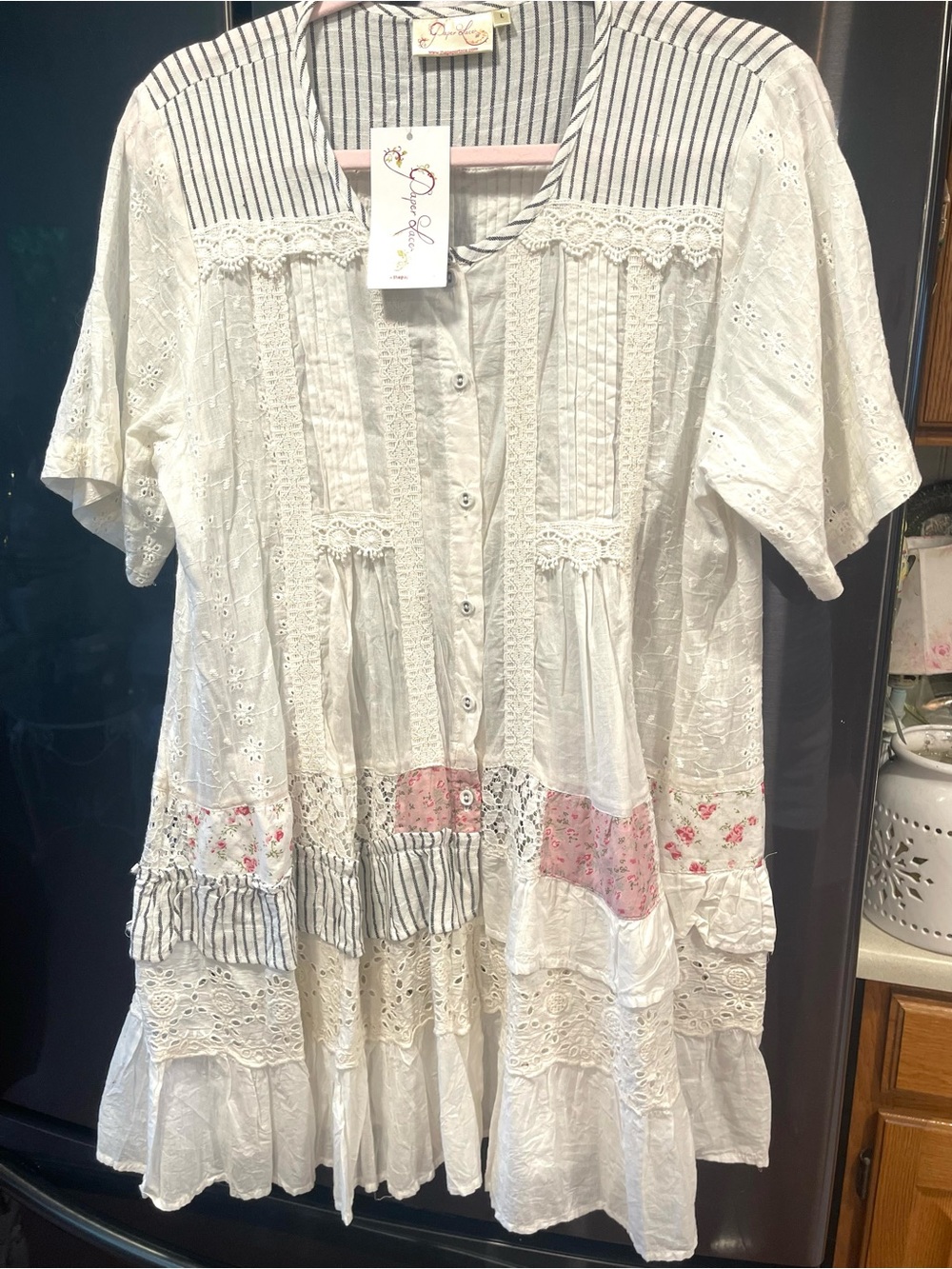 Ivory Eyelet Tunic with Pink Floral Patch Detail